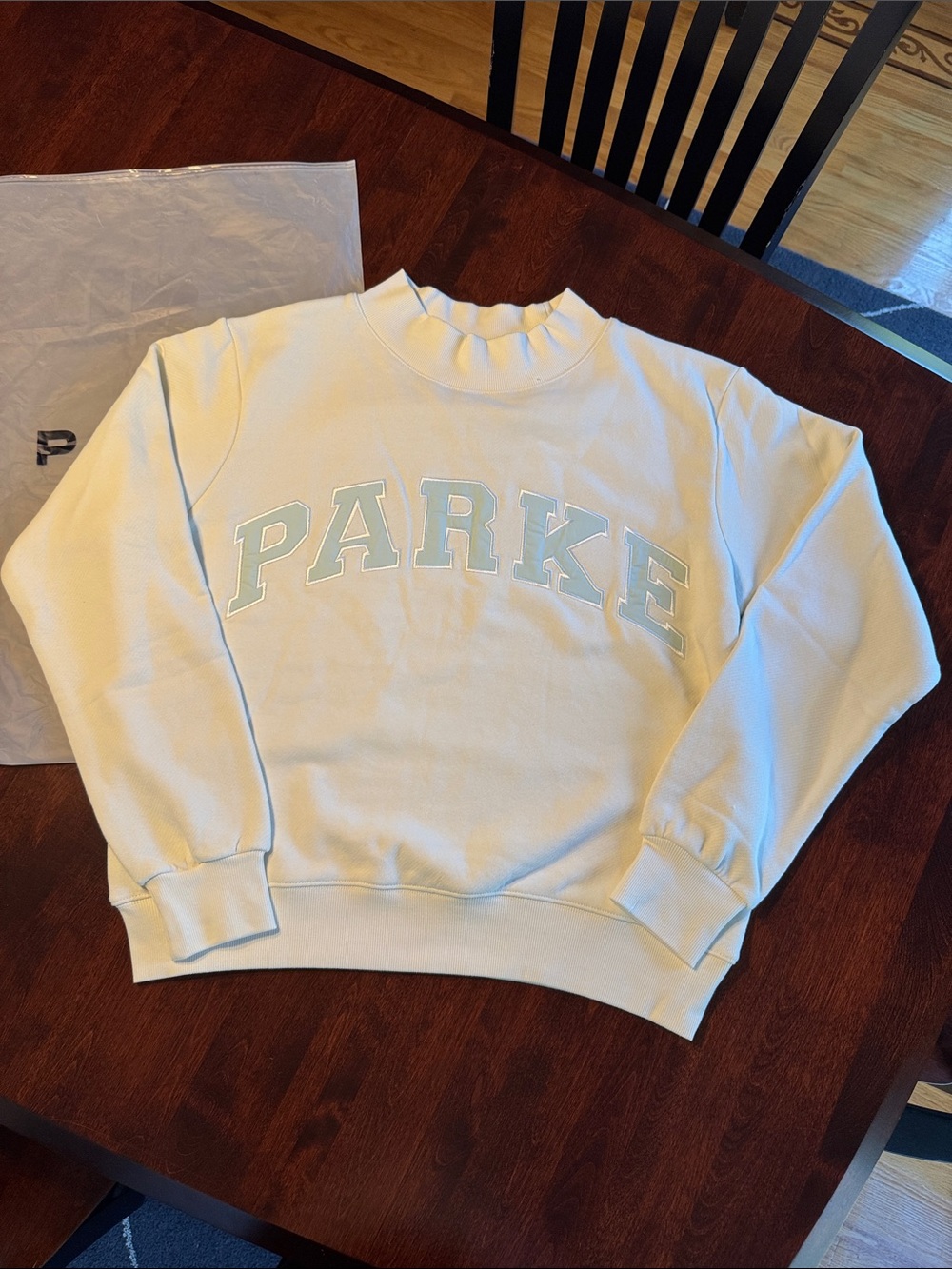 Parke Bridal Varsity Mockneck Sweatshirt. Pearl Ivory / Pale Blue